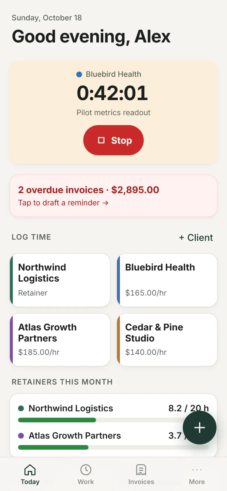 Today screen: clients as big buttons, a running timer and overdue invoices