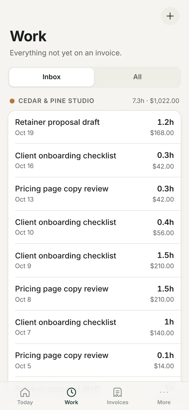 Work list: every entry rounded to tenths of an hour with its value